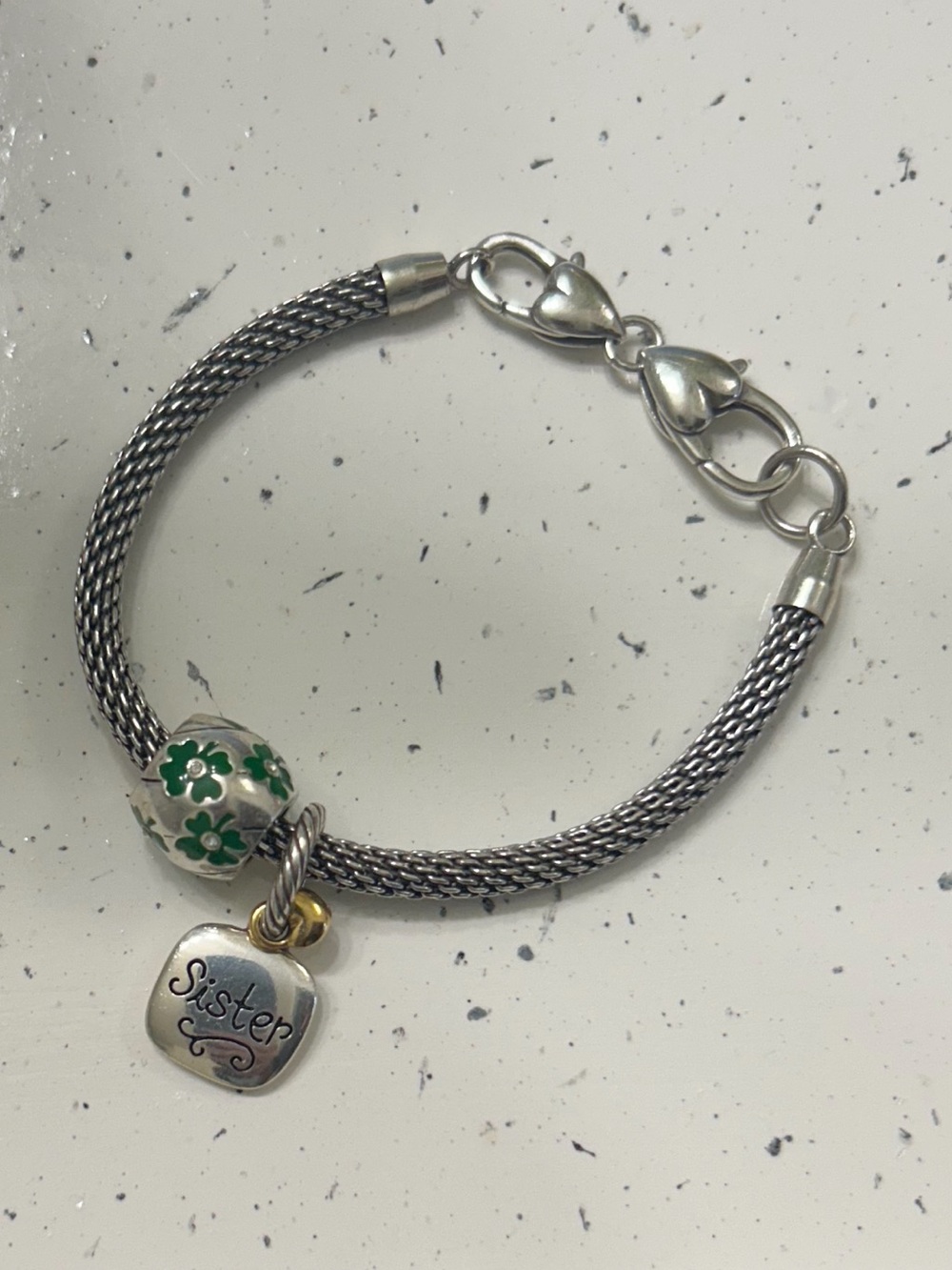Pandora Sterling Silver 'Sister' Charm Bracelet with Green Floral Bead